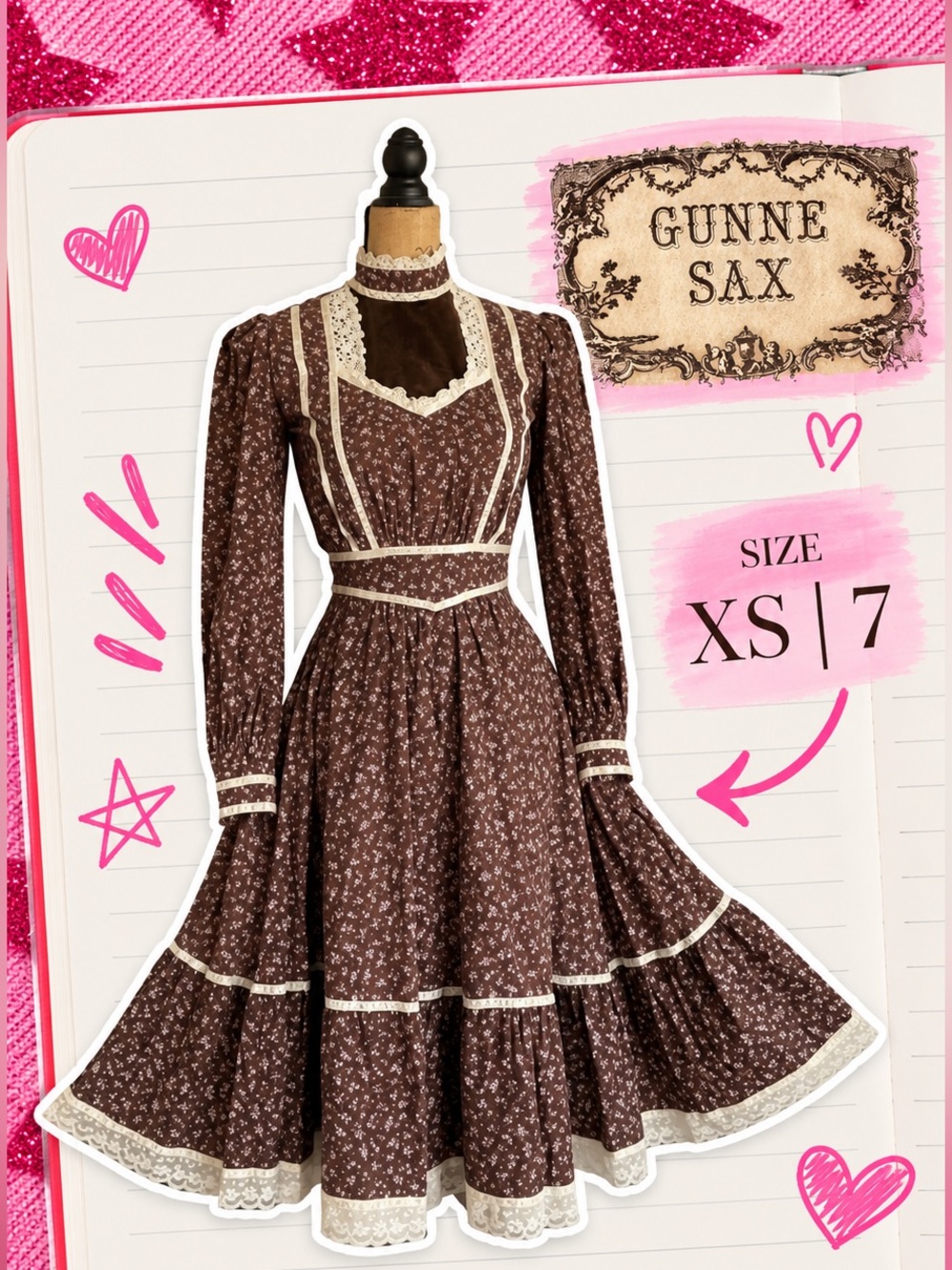 Gunne Sax by Jessica McClintock | Brown Floral Lace-Trim Long Sleeve Midi Dress